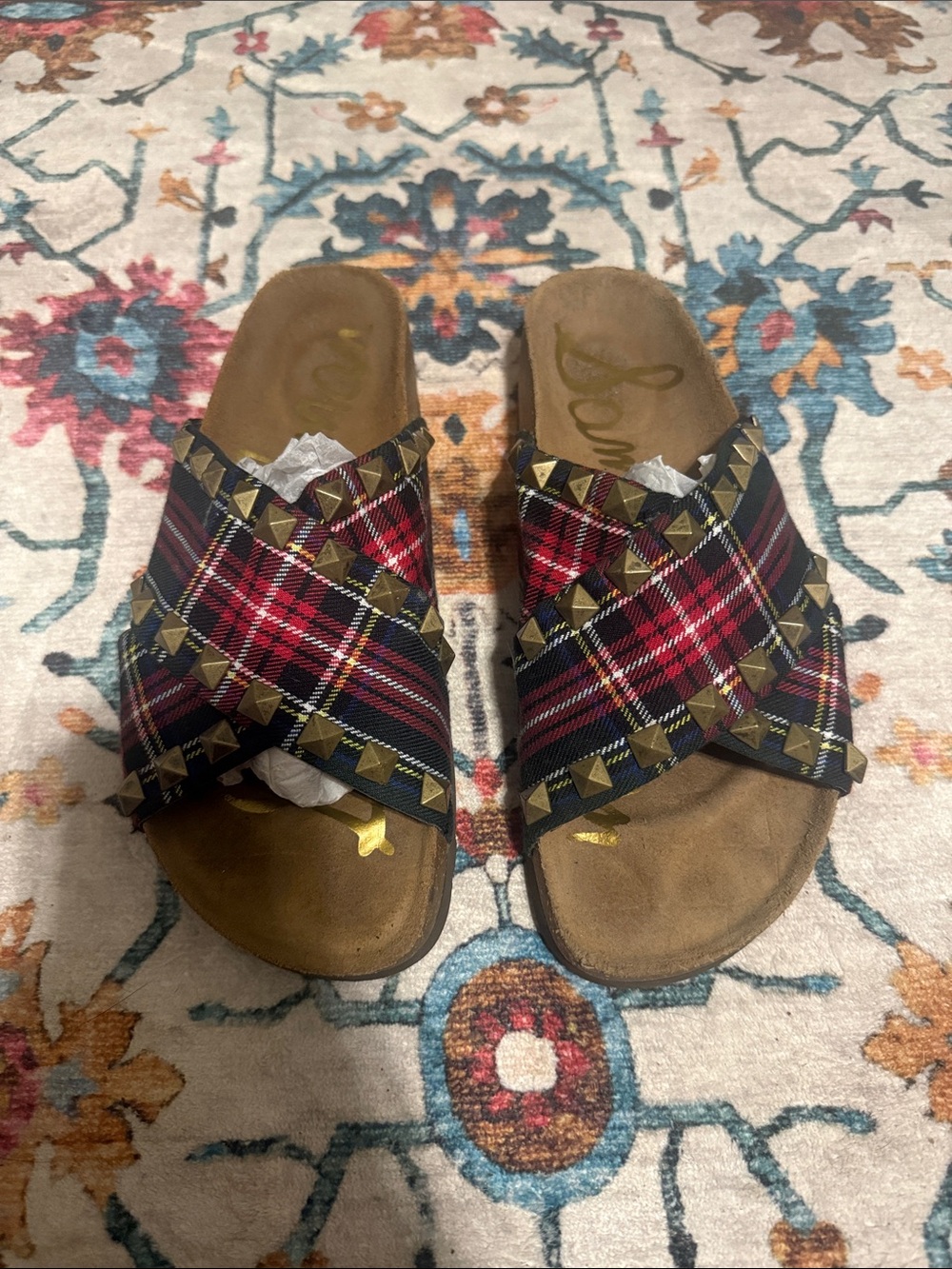 Plaid Studded Slide Sandals - Red & Black